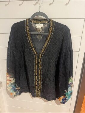 Camilla Black blouse with Gold Trim and Floral Sleeves small 100% silk